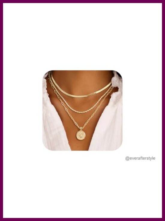Jewelry - 14K Gold Plated Layered Necklace Set - 3 Stackable Pendant Chains